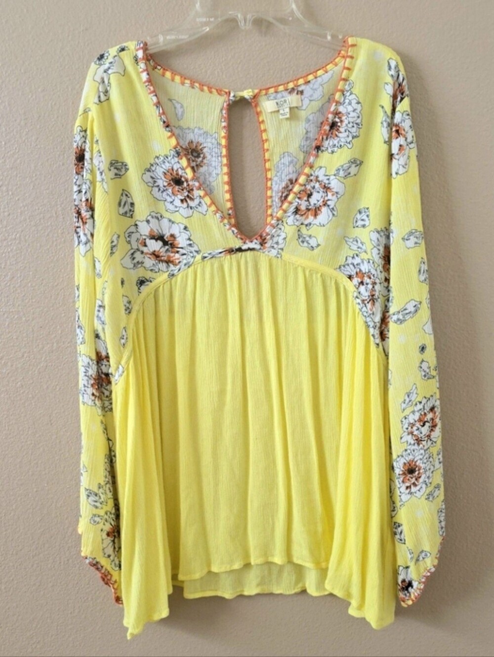 Kori America Yellow Floral Printed Blouse Summer Boho - Size Large